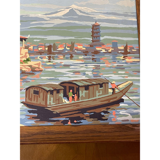 Vintage MCM Mid-Century Modern Paint by Number pagoda asian inspired framed art