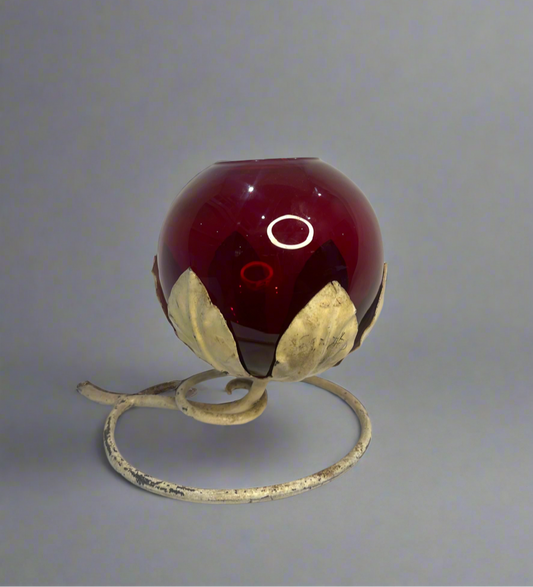 1940s Red Hand Blown Glass Vase Wrought Iron Holder