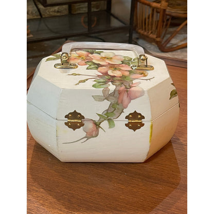 Vintage 1976 Signed Decoupage lucite handle pink velvet lined jewelry box purse