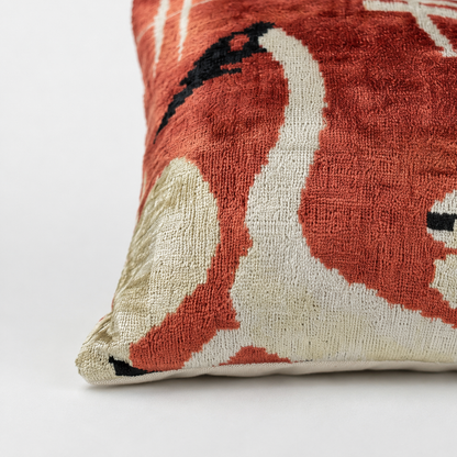 Handmade Coral Crane Ikat Velvet Lumbar Pillow