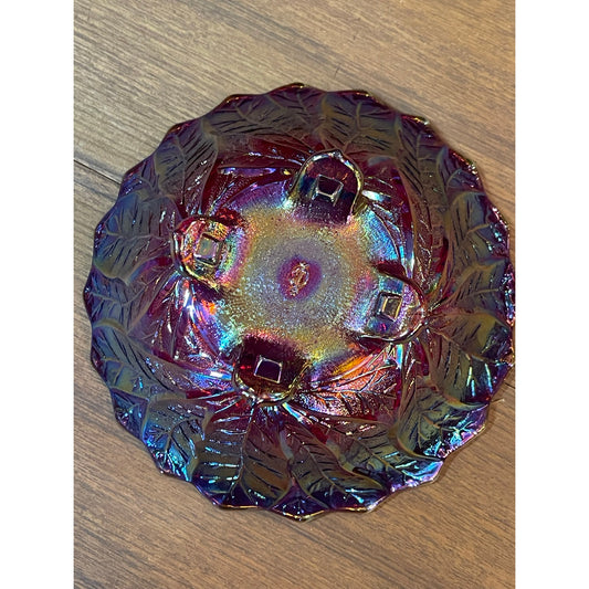 Vintage Red Iridescent Carnival Acanthus Leaf footed bowl