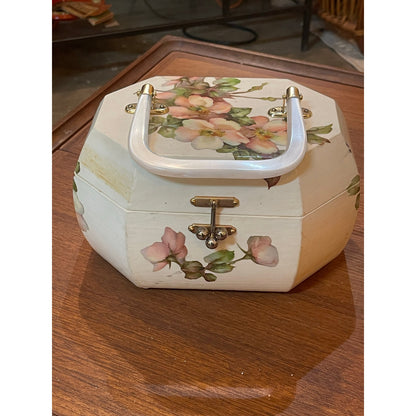 Vintage 1976 Signed Decoupage lucite handle pink velvet lined jewelry box purse