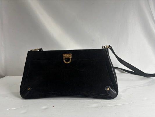 Salvatore Ferragamo Vintage 1980s Black Suede Gancini Crossbody Bag | Gold Hardware CSHW