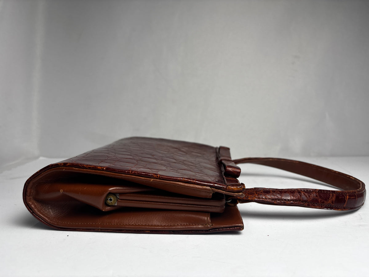 Vintage 1970s Honey Brown Embossed Leather Handbag - Faux Alligator Top Handle Purse CSHW