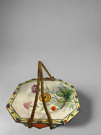 Vintage Hand Painted Floral Plate w/ Bamboo Handle