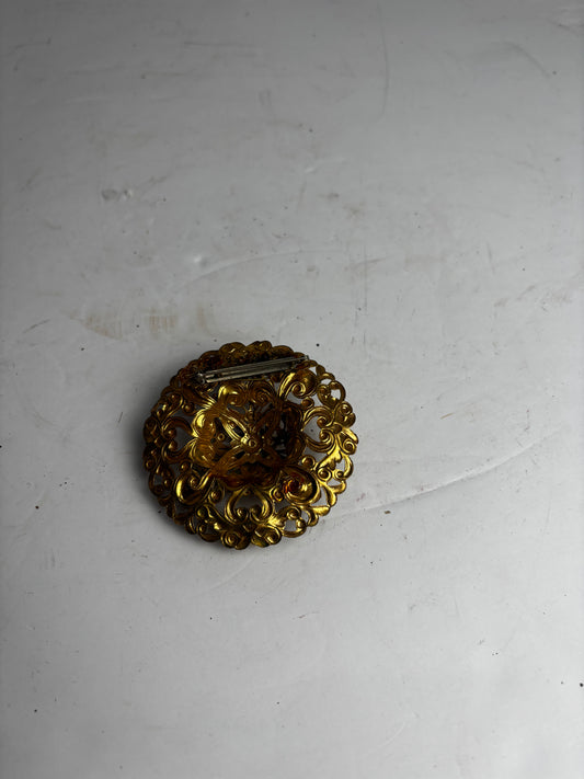 Vintage Gold Tone Filigree Dome Brooch Pin | Faux Pearl & Multi-Color Rhinestone Accent CSHW