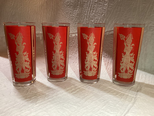 Culver 1950's Asian Rhai Mandalay Goddess Red and Gold vintage glasses (set of 4)