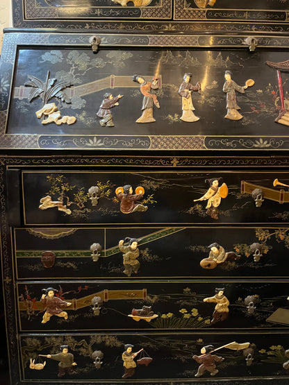 Vintage Black Chinese Chinoserie Secretary