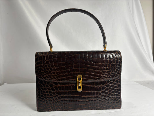 Authentic vintage 1970s Dark Brown Crocodile Genuine Leather Top Handle Handbag | Gold Hardware CSHW