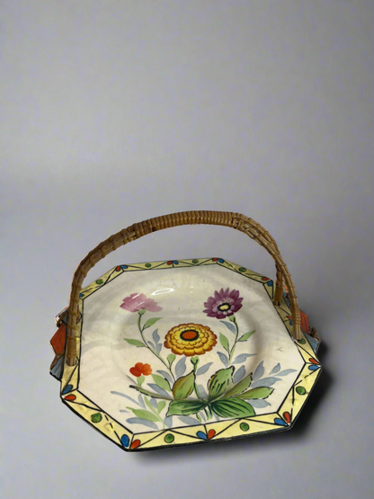 Vintage Hand Painted Floral Plate w/ Bamboo Handle