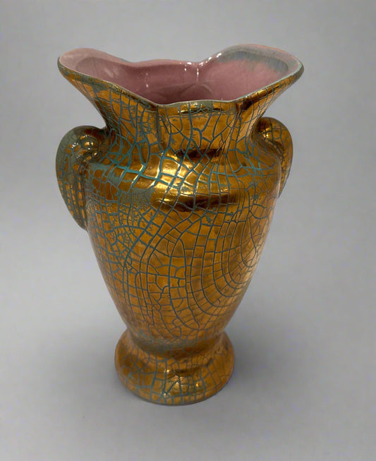 Vtg Gonder USA E Series Crackle Gold Turquoise Pink Glazed Vase