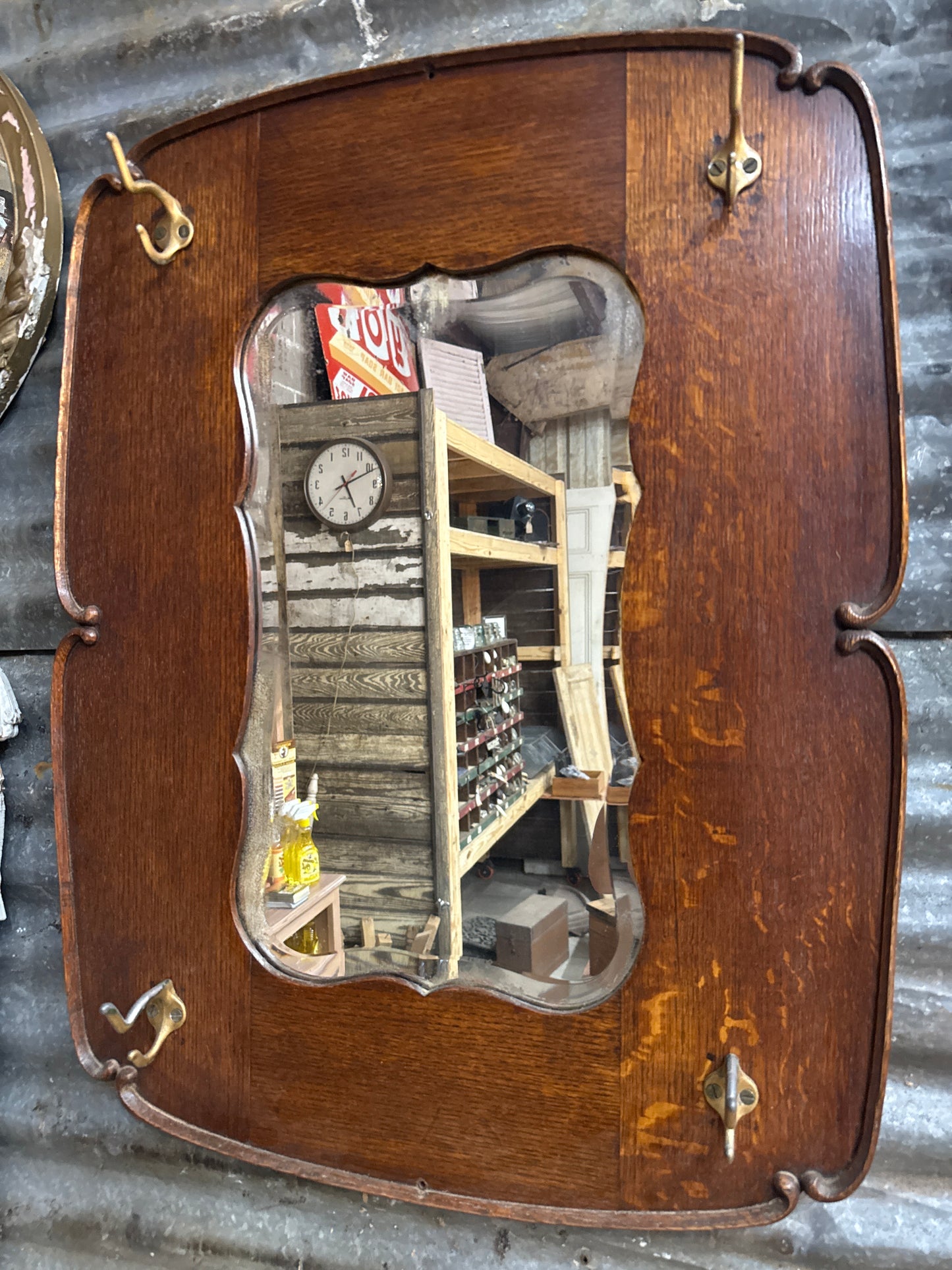Vintage Hall Mirror - Oak w/ hooks