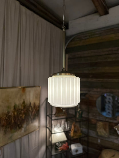 Vtg Ribbed Glass & Brass Pendant
