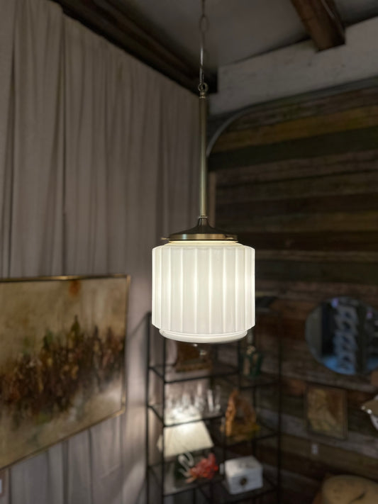 Vtg Ribbed Glass & Brass Pendant