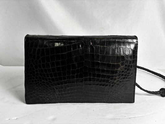 Vintage Black Crocodile Embossed Leather Crossbody Clutch Bag | Braided Strap CSHW