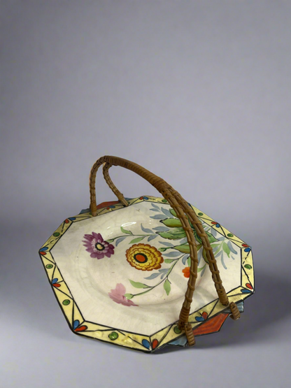 Vintage Hand Painted Floral Plate w/ Bamboo Handle
