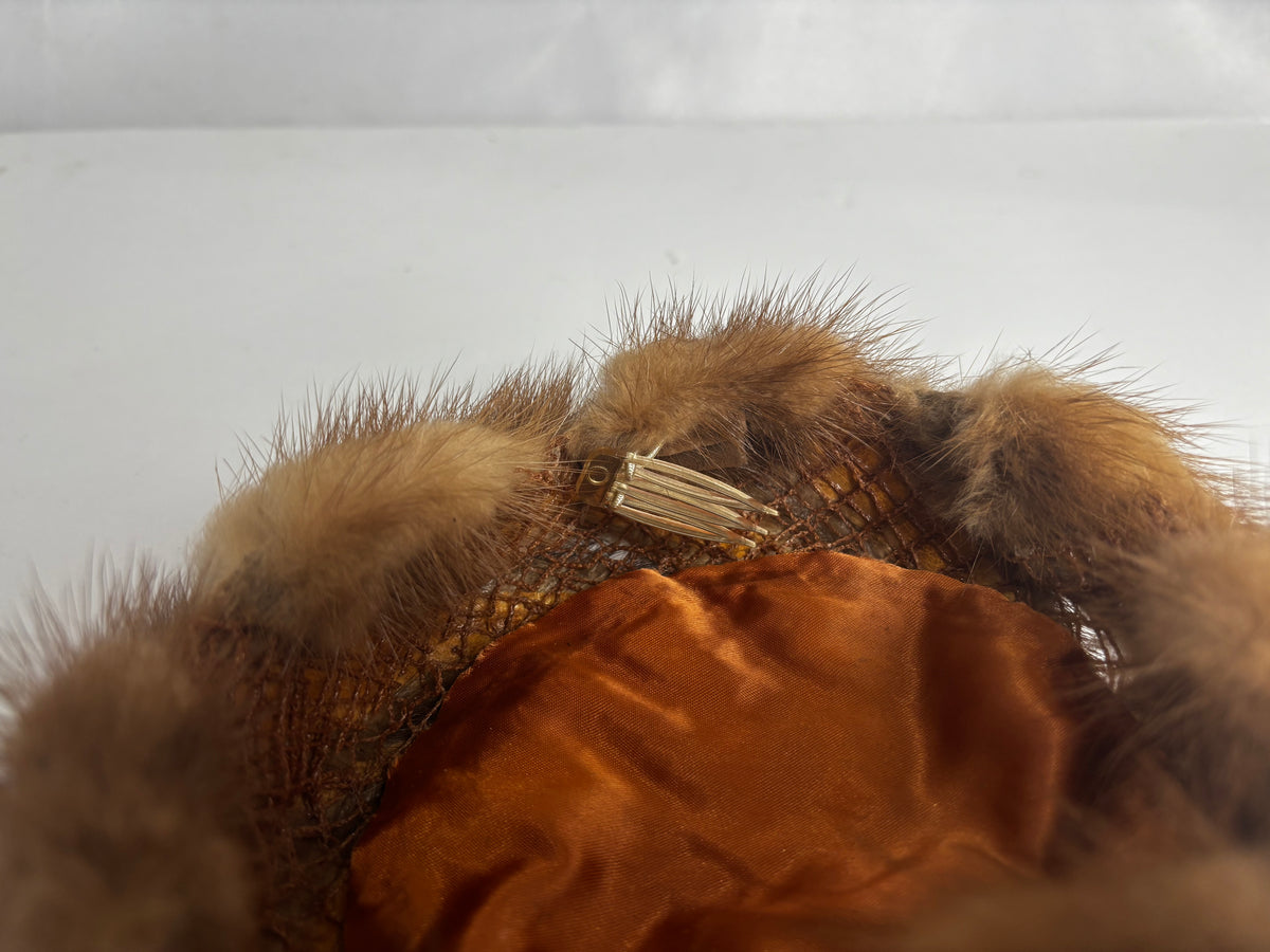 Vintage Brown Mink Fur Pillbox Hat with Satin Lining & Hair Comb Fastener CSHW
