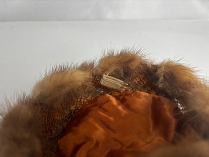 Vintage Brown Mink Fur Pillbox Hat with Satin Lining & Hair Comb Fastener CSHW
