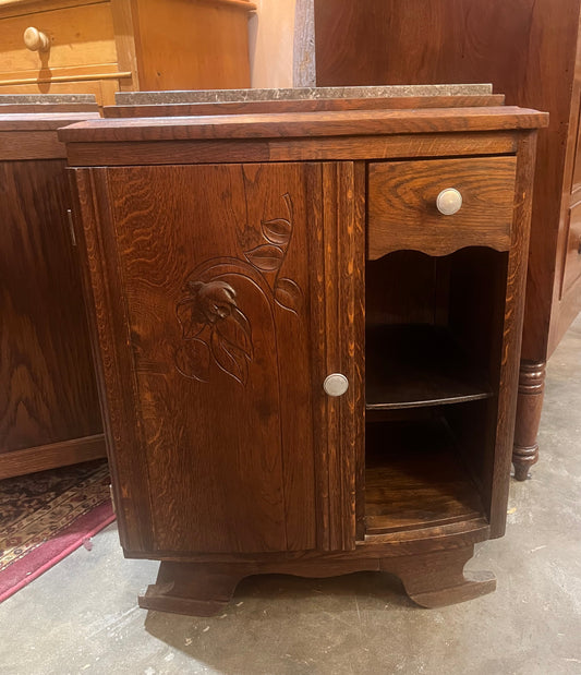 French Art Nouveau Marble Top Oak Nightstands ( set of 2 )