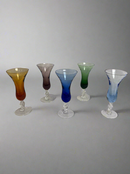 (5) Colored Glass Cordials-Knopped Stems