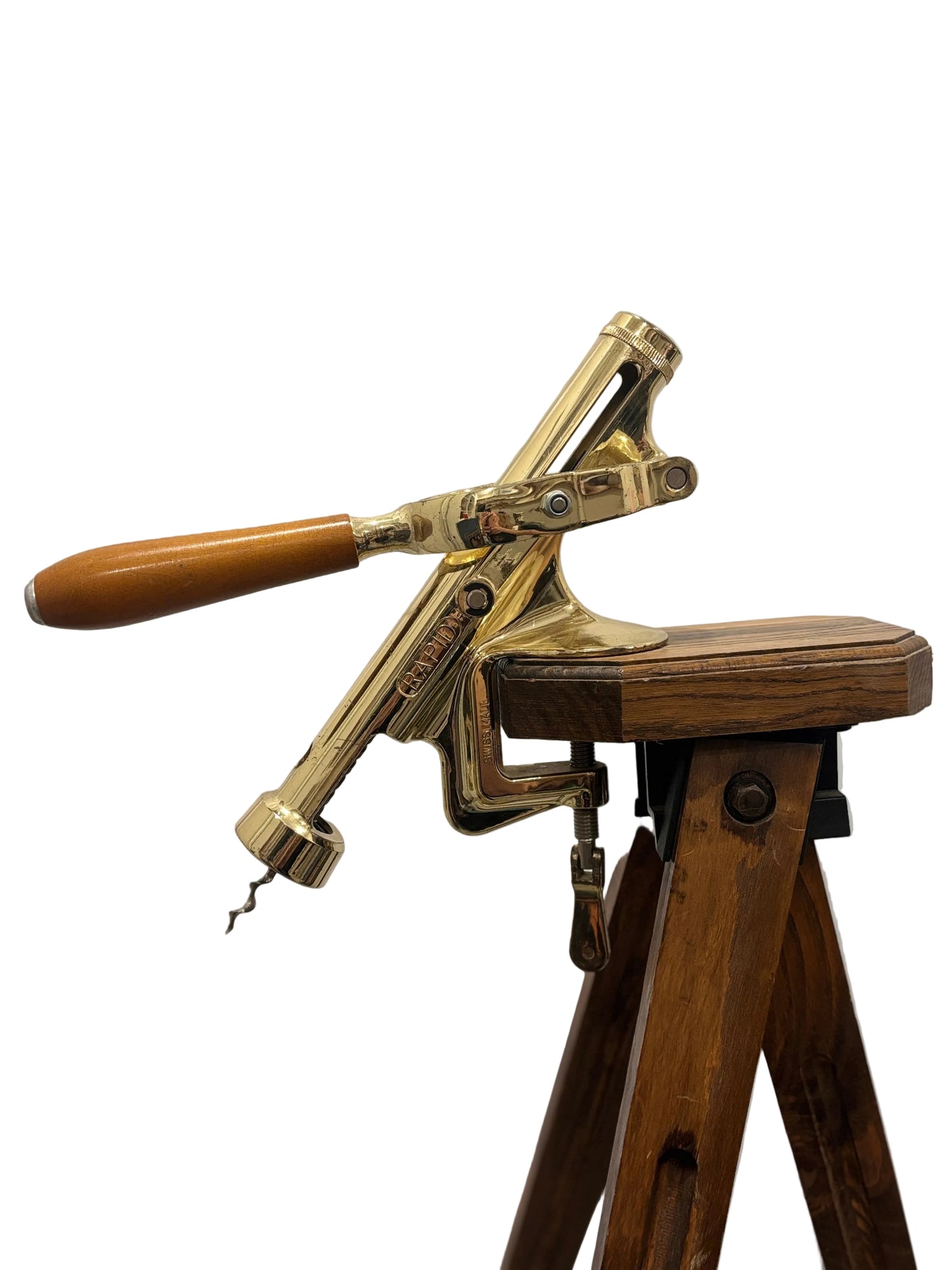 Vtg Floor-Standing Gold Swiss Zyliss Wine Cork screw on 44” Wood Tripod sjb
