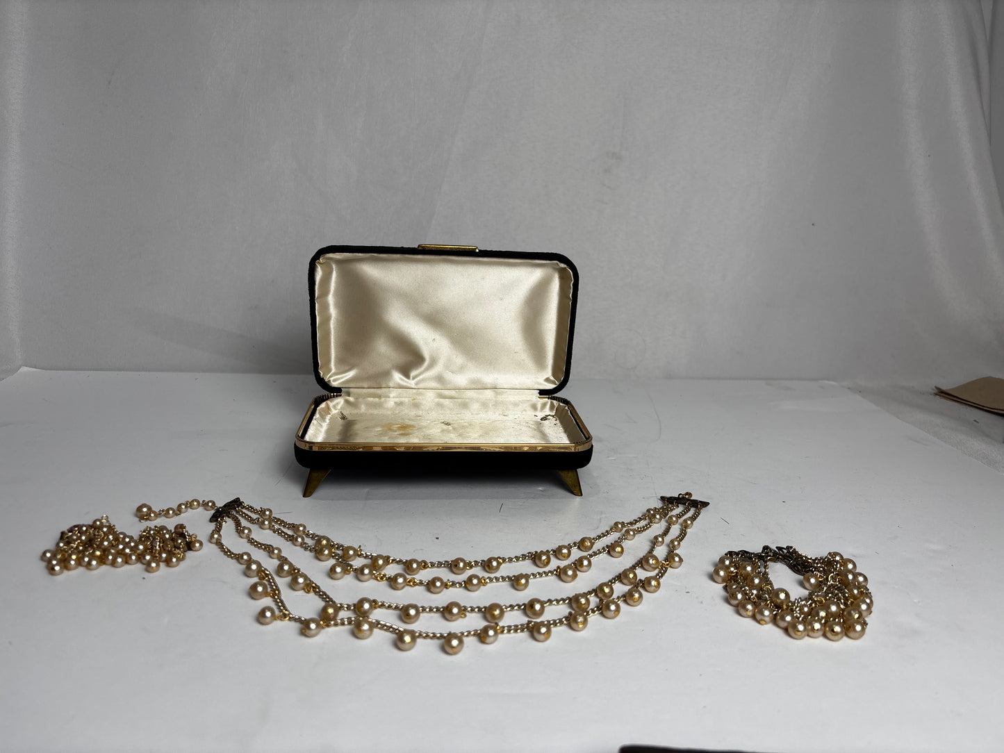 Vintage 1950s Faux Pearl Jewelry Set with Original Velvet Box - 3-Tier Drape Necklace, Multi-Strand Bracelet & Cluster Earrings - Mid-Century Bridal Costume Jewelry