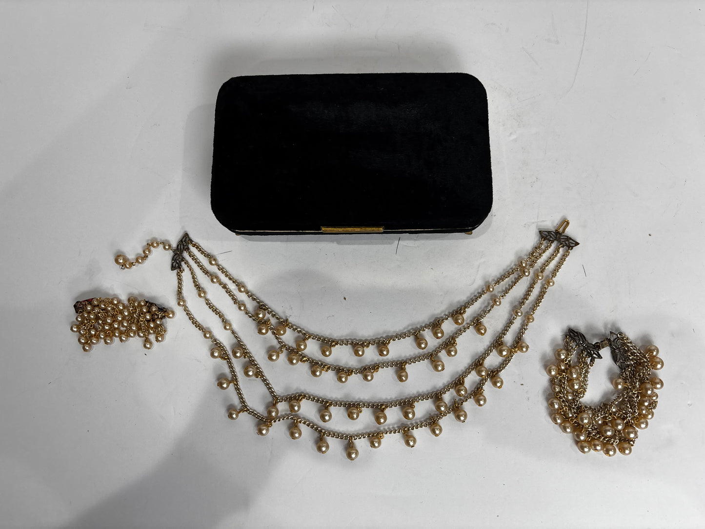 Vintage 1950s Faux Pearl Jewelry Set with Original Velvet Box - 3-Tier Drape Necklace, Multi-Strand Bracelet & Cluster Earrings - Mid-Century Bridal Costume Jewelry
