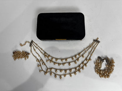Vintage 1950s Faux Pearl Jewelry Set with Original Velvet Box - 3-Tier Drape Necklace, Multi-Strand Bracelet & Cluster Earrings - Mid-Century Bridal Costume Jewelry