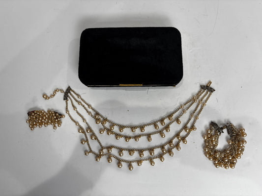 Vintage 1950s Faux Pearl Jewelry Set with Original Velvet Box - 3-Tier Drape Necklace, Multi-Strand Bracelet & Cluster Earrings - Mid-Century Bridal Costume Jewelry
