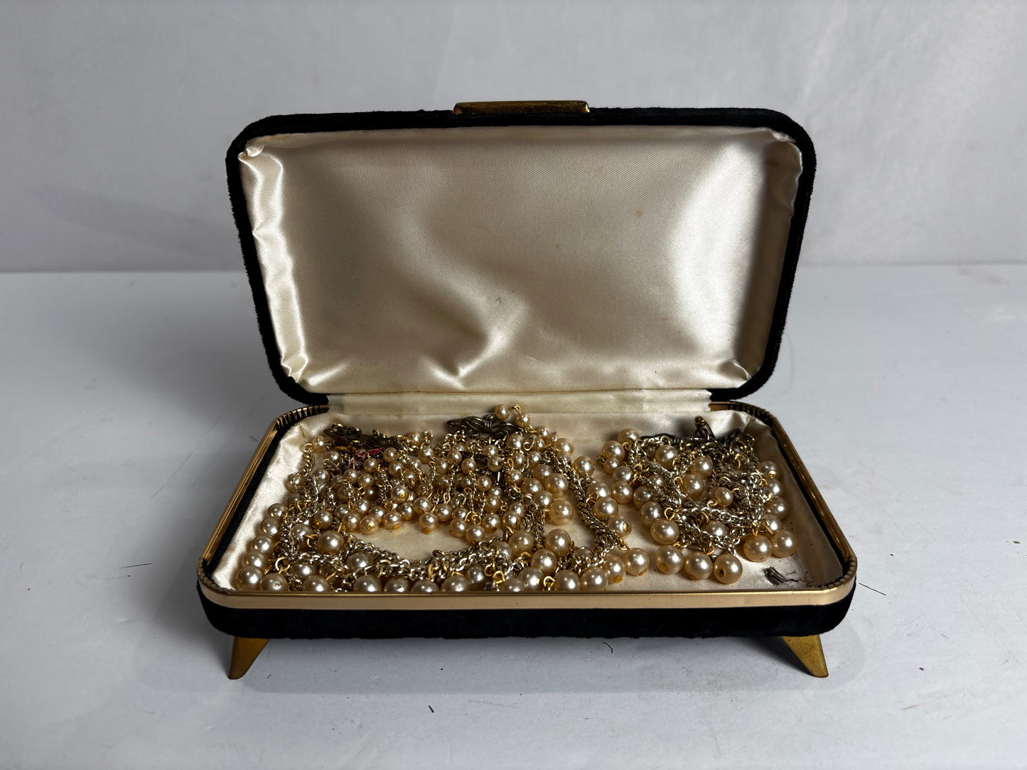 Vintage 1950s Faux Pearl Jewelry Set with Original Velvet Box - 3-Tier Drape Necklace, Multi-Strand Bracelet & Cluster Earrings - Mid-Century Bridal Costume Jewelry