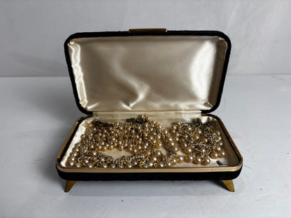 Vintage 1950s Faux Pearl Jewelry Set with Original Velvet Box - 3-Tier Drape Necklace, Multi-Strand Bracelet & Cluster Earrings - Mid-Century Bridal Costume Jewelry