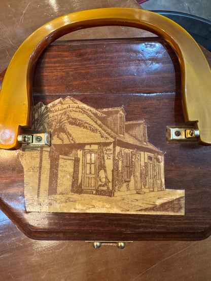 Vintage 1970s New Orleans Decoupage Wooden Box Purse | Café Du Monde & French Quarter Landmark