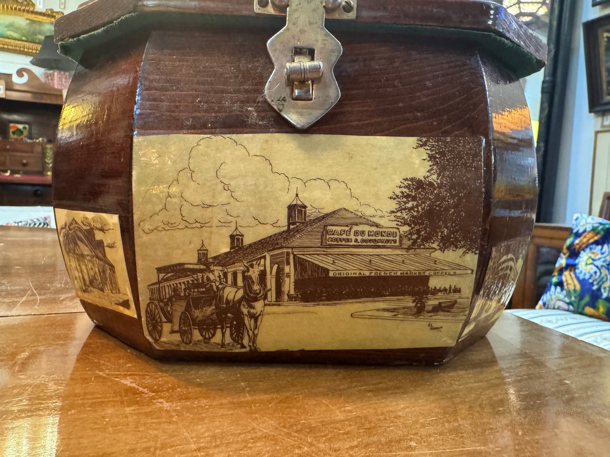 Vintage 1970s New Orleans Decoupage Wooden Box Purse | Café Du Monde & French Quarter Landmark