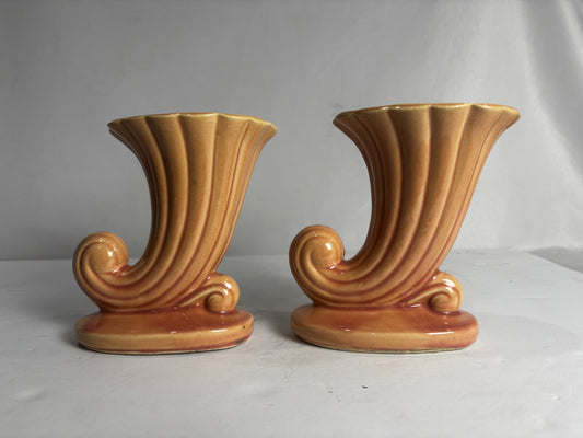 Pair of Vintage USA Art Pottery Cornucopia Vases – Mid-Century Amber Brown Drip Glaze Decor CSMB