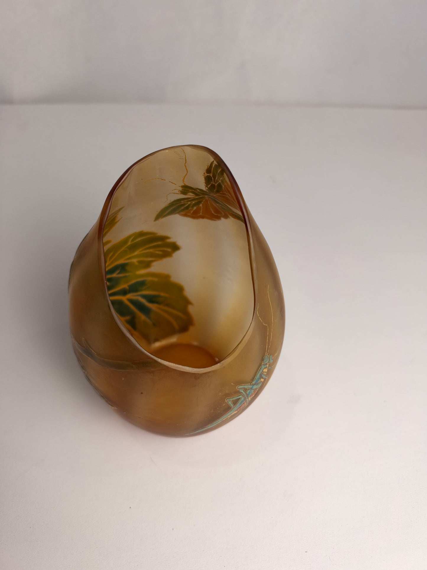 Antique Art Nouveau Enameled Cameo Glass Mantis & Leaf Vase