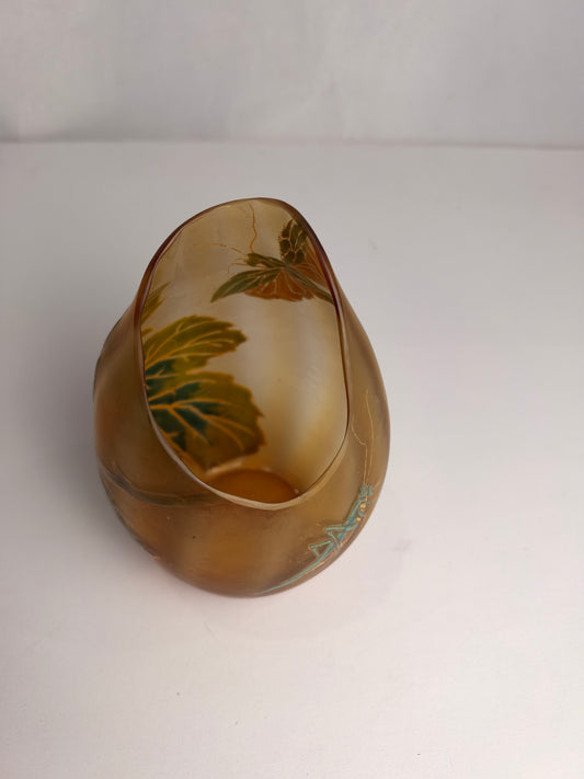 Antique Art Nouveau Enameled Cameo Glass Mantis & Leaf Vase