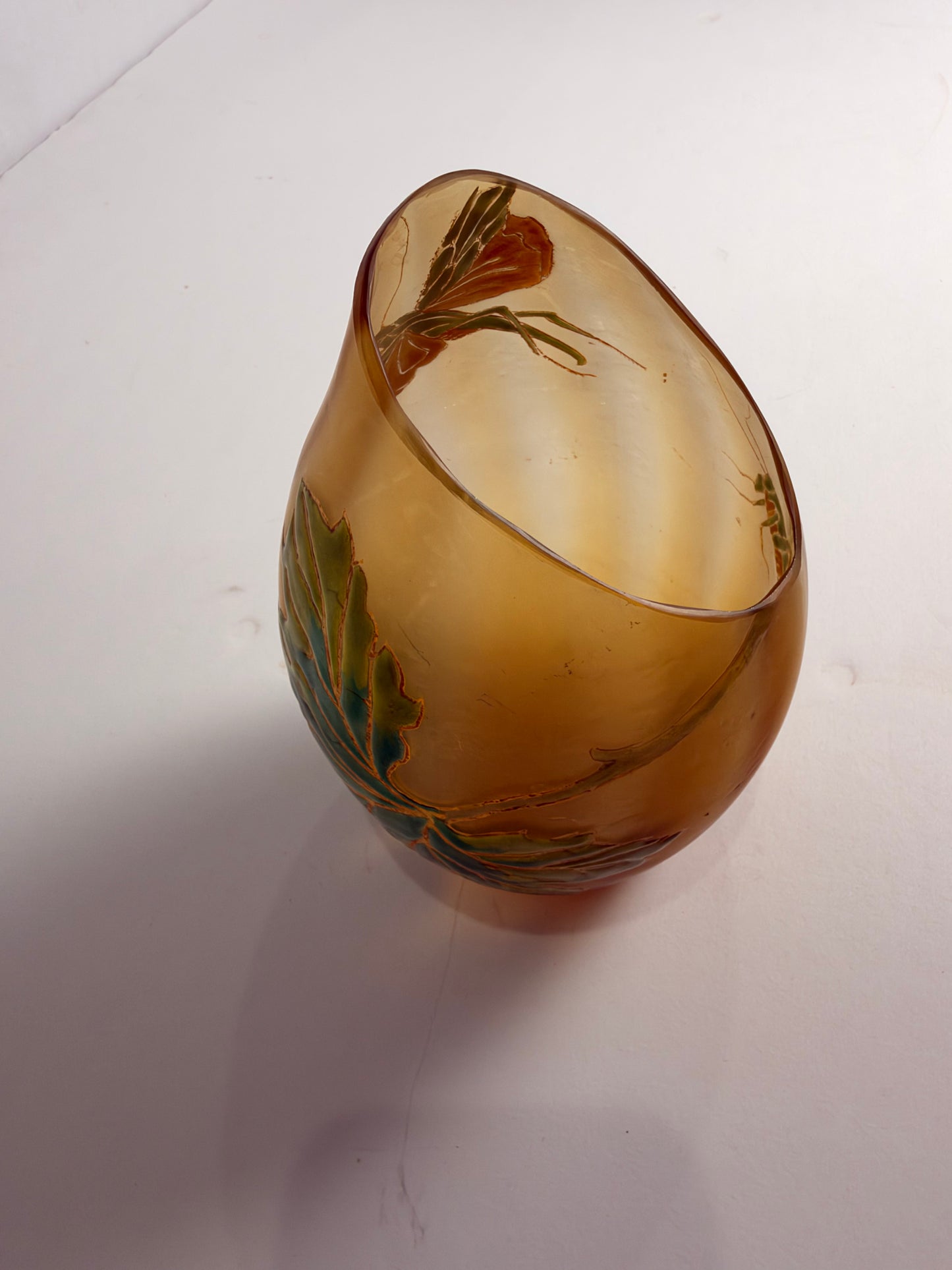 Antique Art Nouveau Enameled Cameo Glass Mantis & Leaf Vase