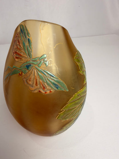 Antique Art Nouveau Enameled Cameo Glass Mantis & Leaf Vase