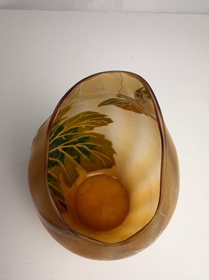 Antique Art Nouveau Enameled Cameo Glass Mantis & Leaf Vase