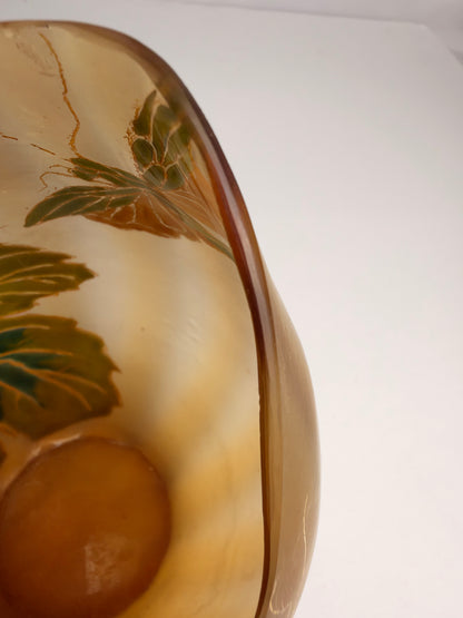 Antique Art Nouveau Enameled Cameo Glass Mantis & Leaf Vase