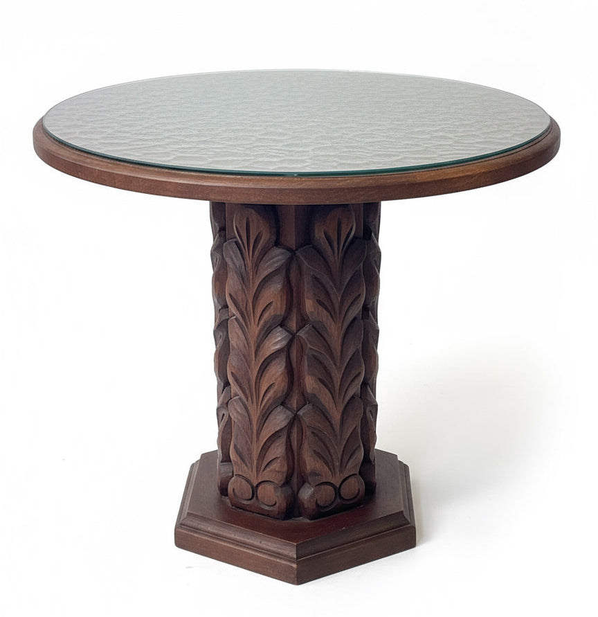 Carved Wood Glass Top Side Table