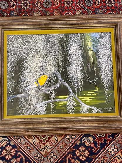 Laura Hulbert Bird in Moss Swamp Scene Framed Oil Painting