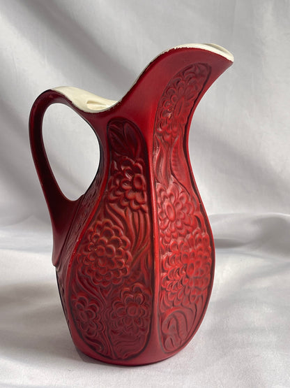 Vintage McCoy Pottery Carved Mums Red 9" Pitcher Vase