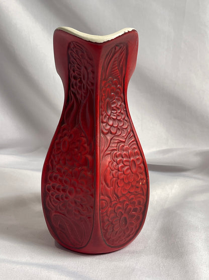 Vintage McCoy Pottery Carved Mums Red 9" Pitcher Vase