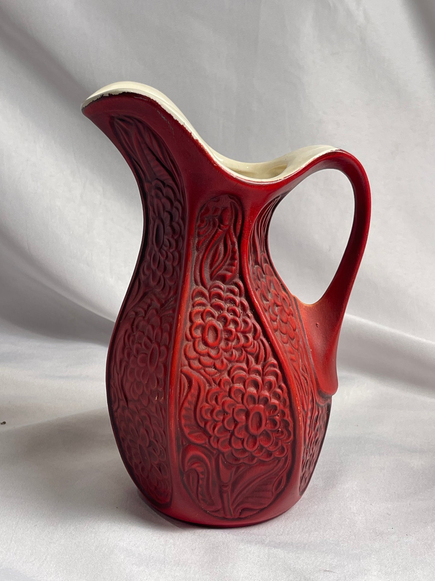 Vintage McCoy Pottery Carved Mums Red 9" Pitcher Vase