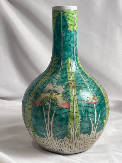 Vintage Famille Verte Bok Choy Moth Grasshopper 26 x 13" Vase