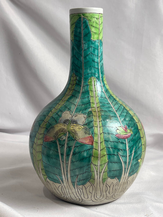 Vintage Famille Verte Bok Choy Moth Grasshopper 26 x 13" Vase