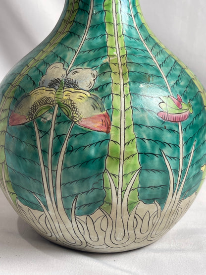 Vintage Famille Verte Bok Choy Moth Grasshopper 26 x 13" Vase