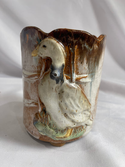 Vintage Handmade Ceramic Scalloped Goose Vase