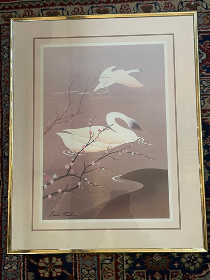 Vintage 1980's Kaisha Tsual lithograph print Swan In Flight framed artwork